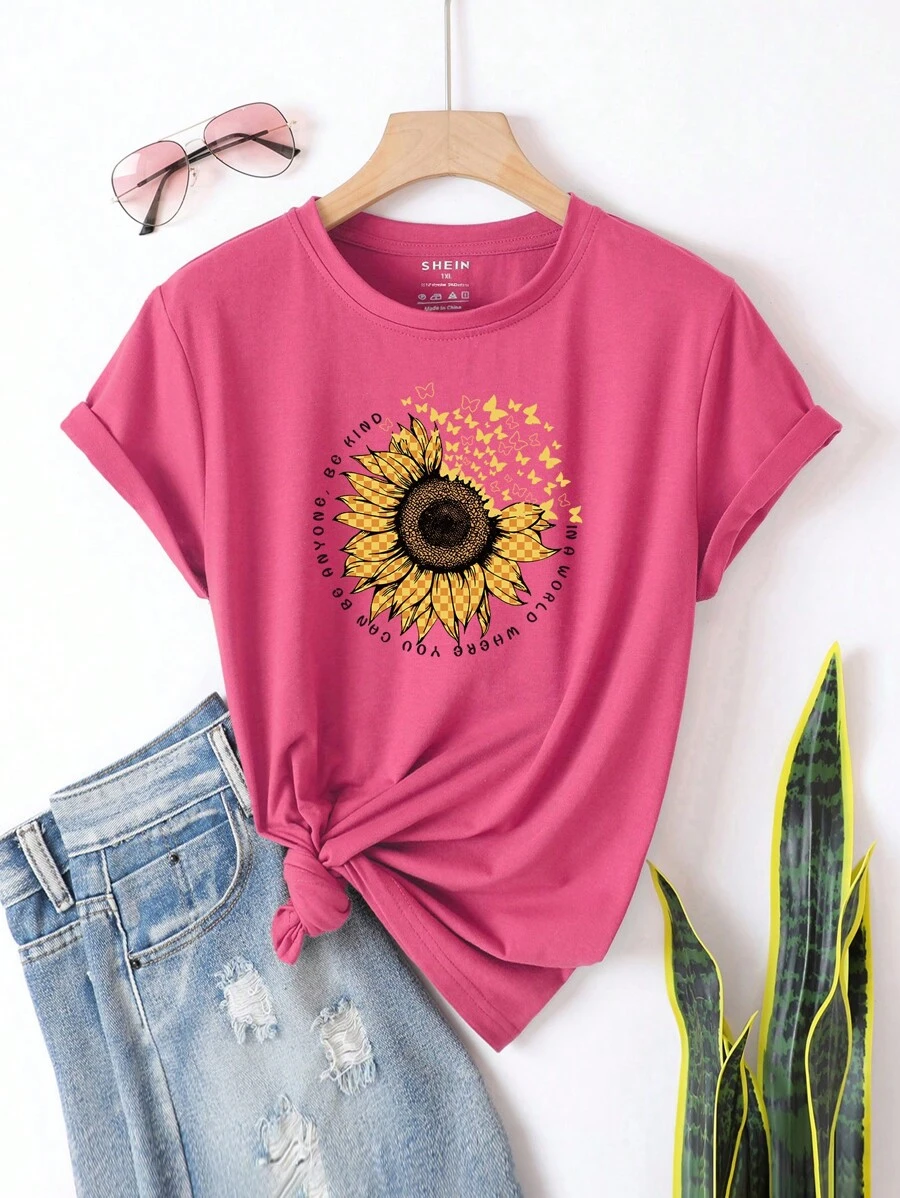 SHEIN EZwear Plus Sunflower And Slogan Graphic Tee - Pink - View 1