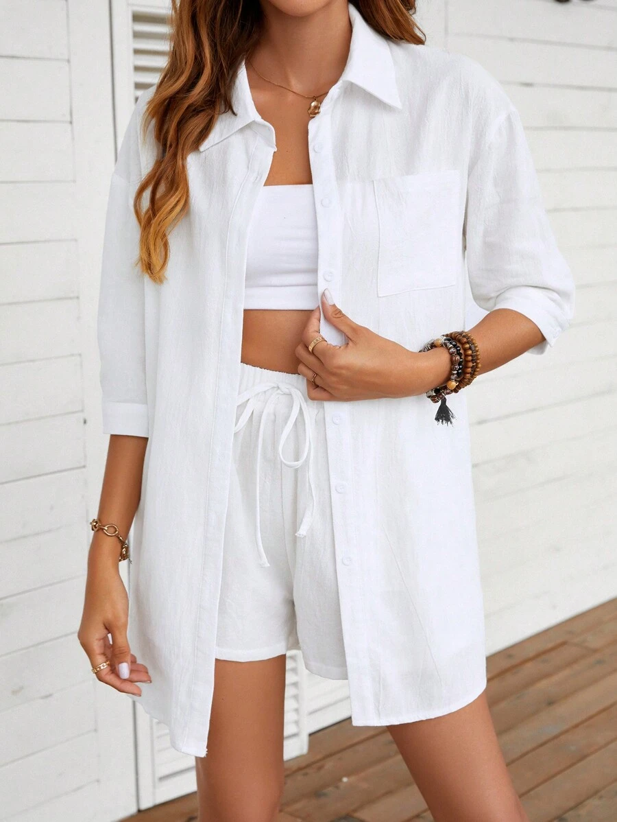 INAWLY Solid Button Front Drop Shoulder Shirt