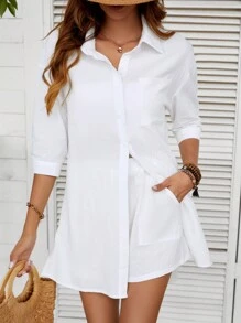 INAWLY Solid Button Front Drop Shoulder Shirt