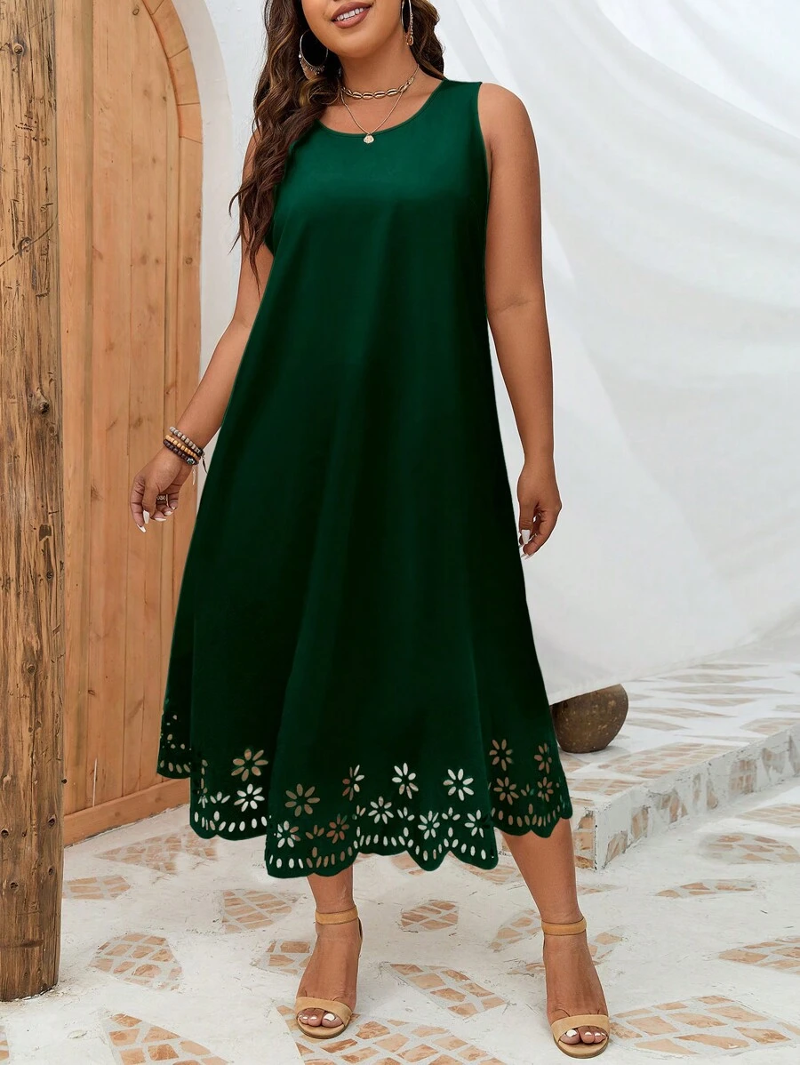 INAWLY 大碼鏤空貝殼邊連衣裙 - 墨綠色 - 查看 1