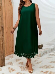 INAWLY 大碼鏤空貝殼邊連衣裙 - 墨綠色 - 查看 5