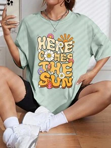 INAWLY Slogan Graphic Drop Shoulder Tee HERE COMES THE SUN - Mint Green - View 1