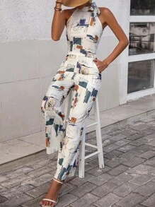 SHEIN LUNE Áo liền quần nữ Thắt nút Túi Tất cả trên in Giải trí - Nhiều màu - Xem 5