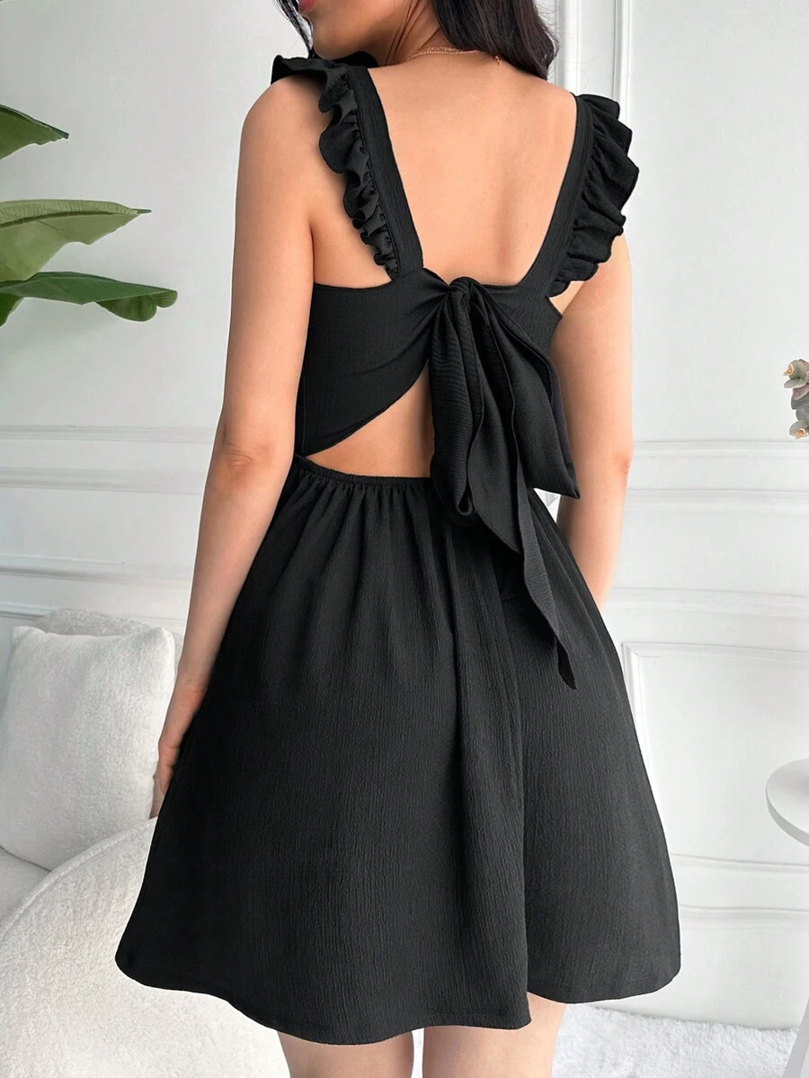 EURMUSE Tie Backless Ruffle Trim Dress - màu đen - Xem 1