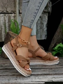 女士厚底坡跟罗马角斗士凉鞋，铆钉装饰，踝带露趾，夏季休闲优雅鞋款，旅行必备 - 杏色 - 查看 5