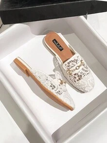 Mengshangli 女士人造珍珠裝飾刺繡細節平底穆勒鞋,時尚夏季網平底鞋 - 白色 - 查看 1