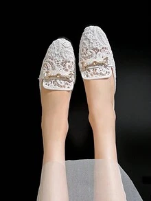 Mengshangli 女士人造珍珠裝飾刺繡細節平底穆勒鞋,時尚夏季網平底鞋 - 白色 - 查看 3