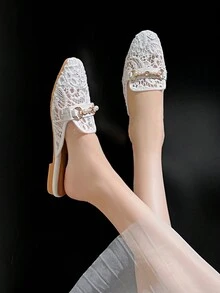 Mengshangli 女士人造珍珠裝飾刺繡細節平底穆勒鞋,時尚夏季網平底鞋 - 白色 - 查看 4