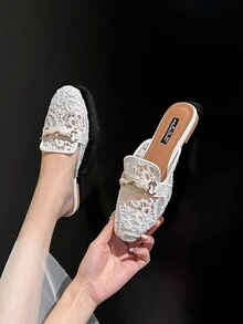 Mengshangli 女士人造珍珠裝飾刺繡細節平底穆勒鞋,時尚夏季網平底鞋 - 白色 - 查看 5