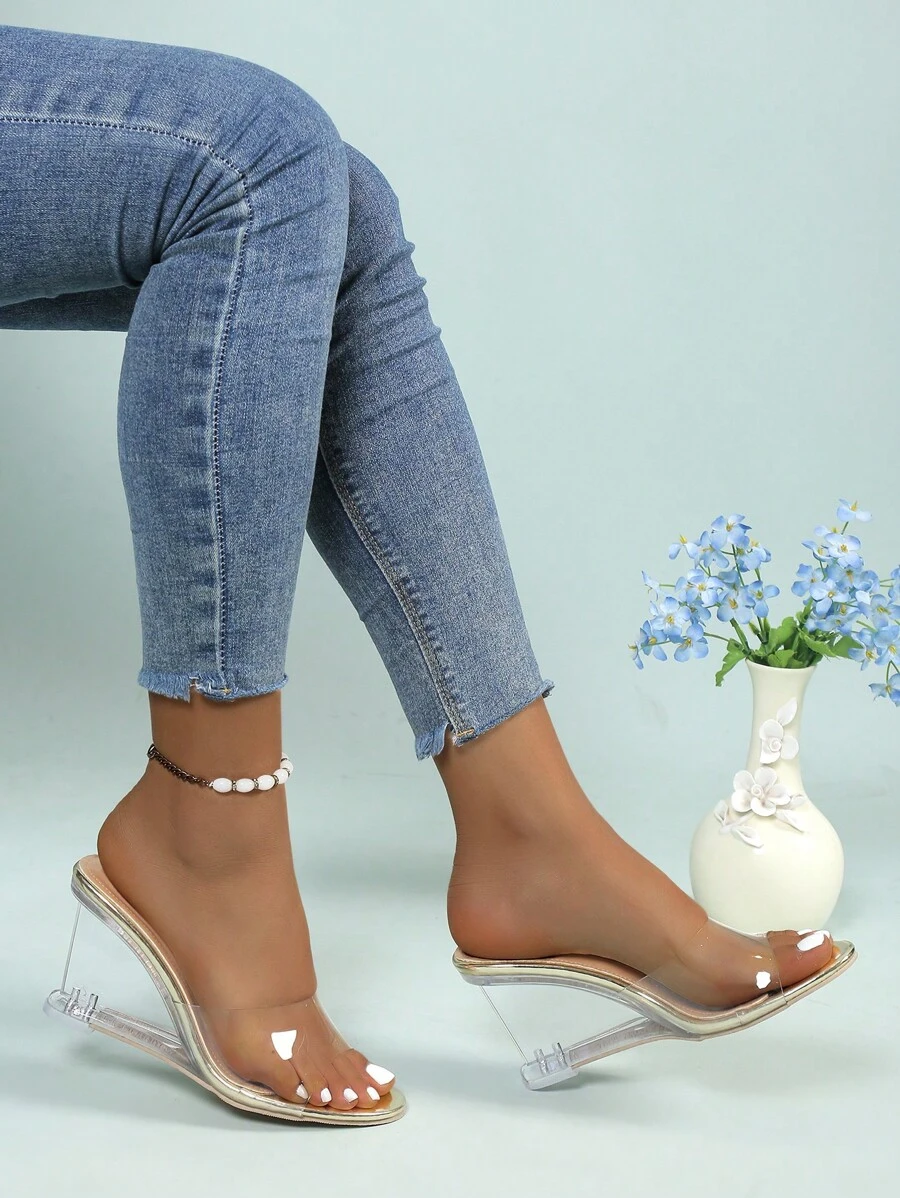 Women's Transparent High-heeled Wedge Slippers, Open Toe Platform Sandals - Clear - View 1