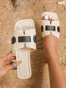 拼接顏色蛇圖案穿孔時尚平底涼鞋 - 米色 - 查看 1