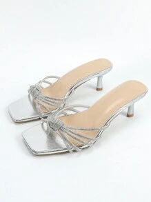Women's Metallic Rhinestone Stiletto High Heel Mules, Silver Color High Heel Sandals, 2025 New Arrival,Kitten Heels - Silver - View 5