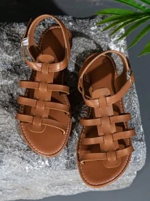 女式棕色時尚平底鏤空露背涼鞋帶腳踝帶，穆勒平底涼鞋 - 棕色 - 查看 5