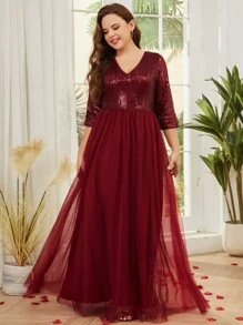 Plus Size Elegant Sequin & Mesh Patchwork Dress - Burgundy - View 2