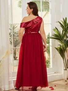 Plus Asymmetrical Neck Slit Thigh Sequin Insert Mesh Formal Dress - Burgundy - View 3