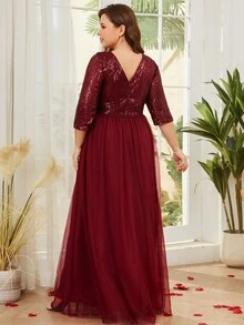 Plus Size Elegant Sequin & Mesh Patchwork Dress - Burgundy - View 3