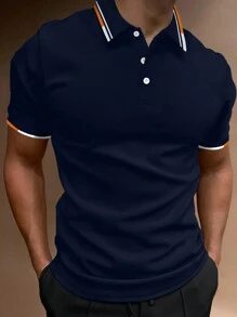 Manfinity Homme Men Plus Striped Trim Polo Shirt - Navy Blue - View 1