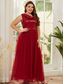 Plus Asymmetrical Neck Slit Thigh Sequin Insert Mesh Formal Dress - Burgundy - View 4