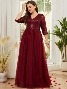 Plus Size Elegant Sequin & Mesh Patchwork Dress - Burgundy - View 4