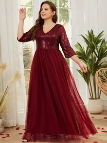 Plus Size Elegant Sequin & Mesh Patchwork Dress - Burgundy - View 5