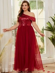 Plus Asymmetrical Neck Slit Thigh Sequin Insert Mesh Formal Dress - Burgundy - View 5