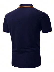 Manfinity Homme Men Plus Striped Trim Polo Shirt - Navy Blue - View 2