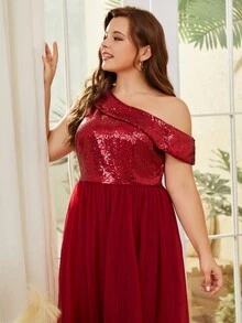 Plus Asymmetrical Neck Slit Thigh Sequin Insert Mesh Formal Dress - Burgundy - View 6