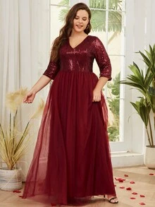 Plus Size Elegant Sequin & Mesh Patchwork Dress - Burgundy - View 6