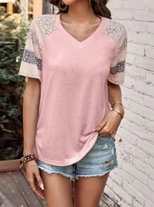 SHEIN LUNE 印花插肩袖T恤 - 粉色 - 查看 3