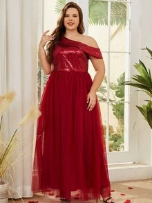 Plus Asymmetrical Neck Slit Thigh Sequin Insert Mesh Formal Dress - Burgundy - View 7