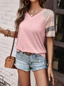 SHEIN LUNE 印花插肩袖T恤 - 粉色 - 查看 4