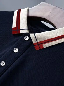 Aesthetic Post 男士拼接邊POLO衫 - 藏蓝色 - 查看 5