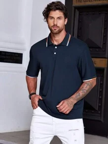Manfinity Homme Men Plus Striped Trim Polo Shirt - Navy Blue - View 6