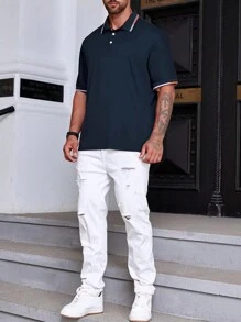 Manfinity Homme Men Plus Striped Trim Polo Shirt - Navy Blue - View 7