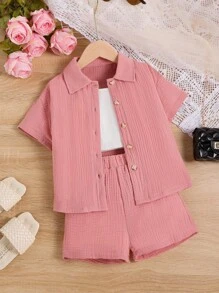 Toddler Girls Solid Cami Top & Shorts & Button Up Shirt - Multicolor - View 1