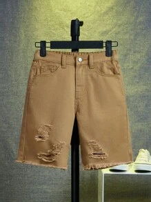 SHEIN Tween Boy Ripped Frayed Denim Shorts - Brown - View 1