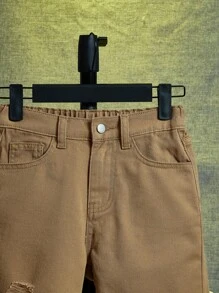 SHEIN Tween Boy Ripped Frayed Denim Shorts - Brown - View 3