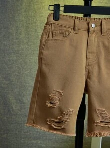 SHEIN Tween Boy Ripped Frayed Denim Shorts - Brown - View 4