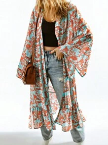 Paisley Print Ruffle Hem Open Front Kimono - Multicolor - View 1