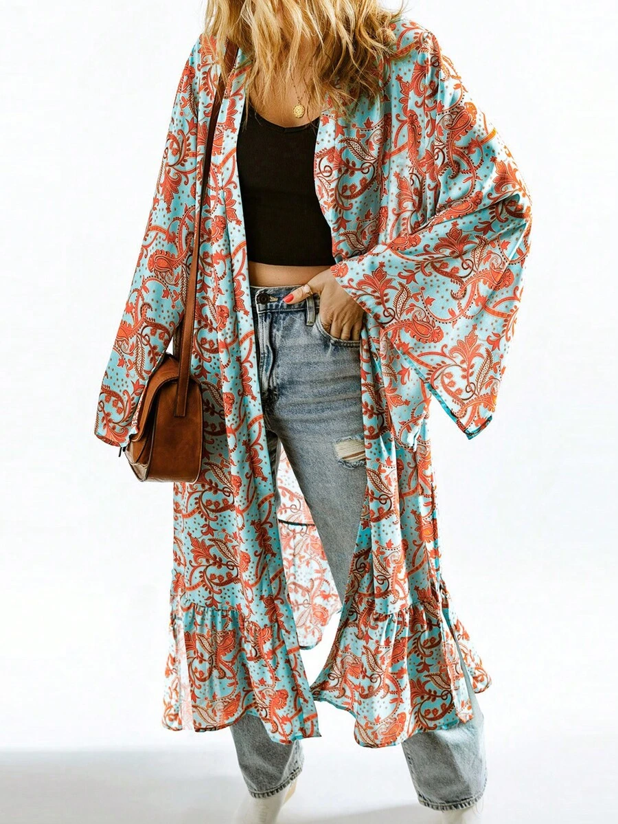 Paisley Print Ruffle Hem Open Front Kimono - Multicolor - View 1