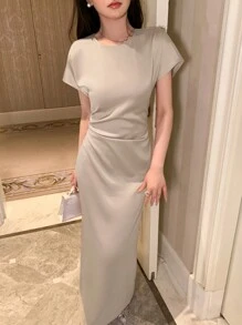 DAZY Robe d'été à manches chauve-souris plissées sur les côtés, robe de soirée pour femmes - Kaki - Voir 3