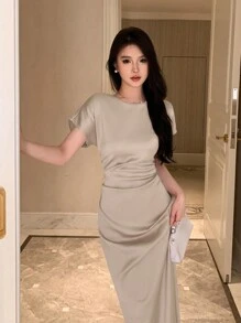 DAZY Robe d'été à manches chauve-souris plissées sur les côtés, robe de soirée pour femmes - Kaki - Voir 4