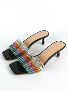 Women Metallic Color Block Stiletto Heeled Sandals, Glamorous Summer Mule Sandals