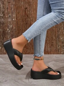 Women Toe Post Sandals, Fashion Black Toe Post Design Wedge Slide Sandals - Black - View 1