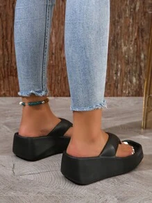 Women Toe Post Sandals, Fashion Black Toe Post Design Wedge Slide Sandals - Black - View 5