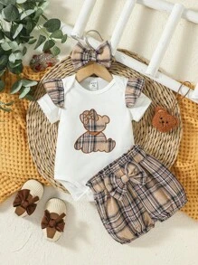 Baby Bear Embroidery Bodysuit & Plaid Bow Front Shorts & Headband - Multicolor - View 1
