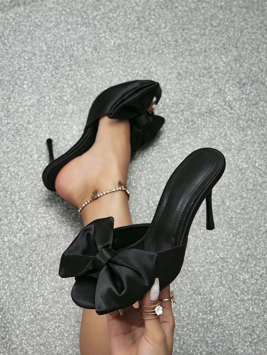 女性黑色蝴蝶結裝飾高跟涼鞋,優雅萊卡細高跟涼鞋適合夏天