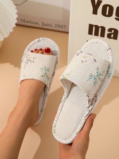 Fall/Winter Women Flower Pattern Single Band Non Slip Home Slippers, Fashionable Indoor Fabric Bedroom Slippers