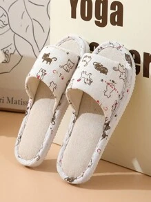 秋冬女款猫咪字母图案单带防滑家居拖鞋，时尚室内布艺卧室拖鞋 - 彩色 - 查看 5