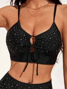 SHEIN Rhinestone Detail Drawstring Bikini Top - Black - View 5